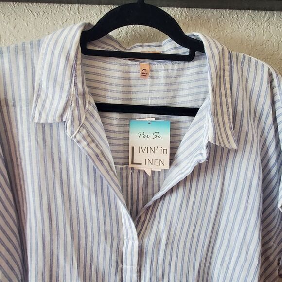 Per Se | Blue and White Striped Button Back Linen Blend Shirt | Size 2X | NWT - Picture 6 of 9
